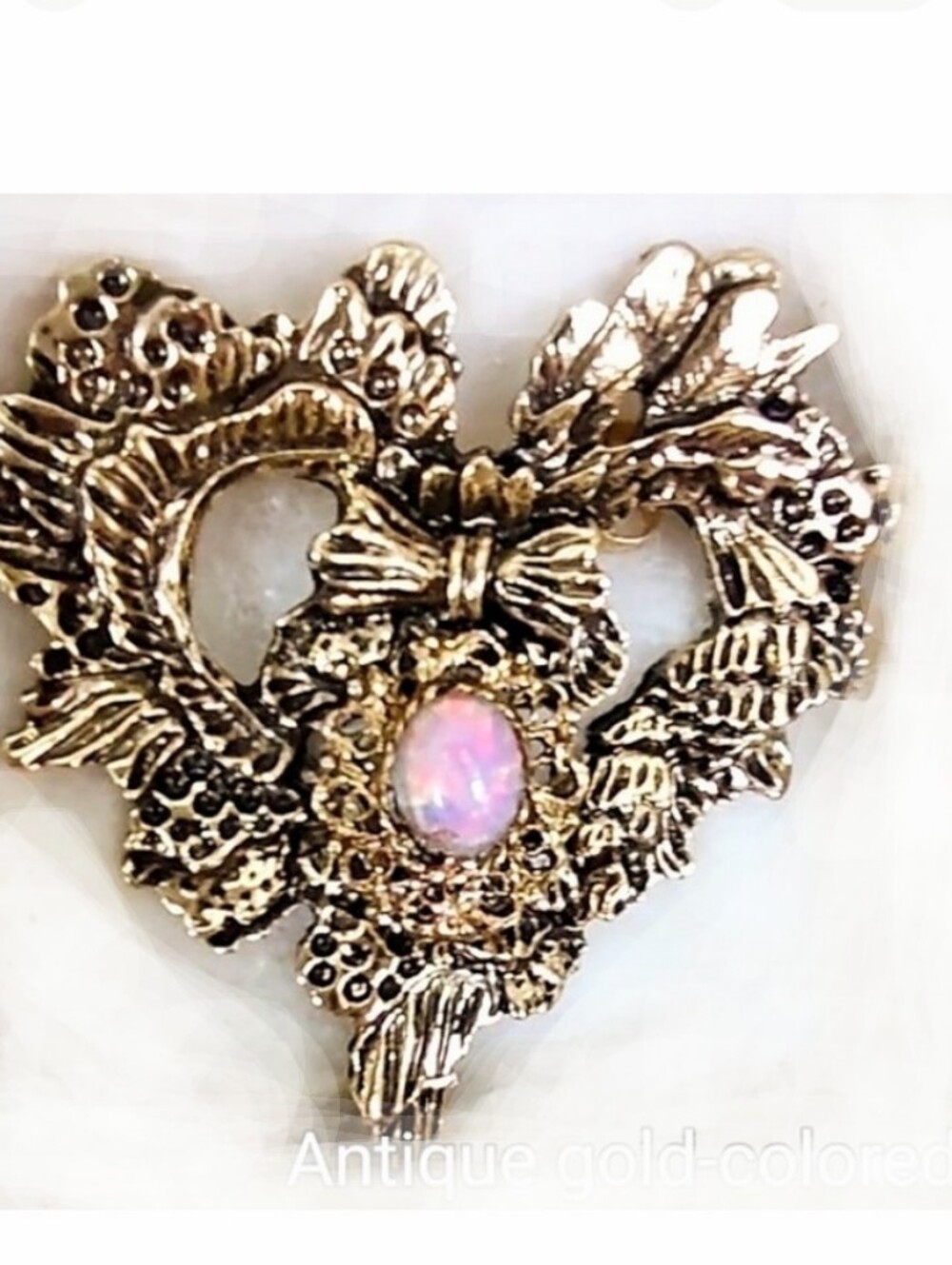 Antique Gold Ribbon Heart w/ Opal